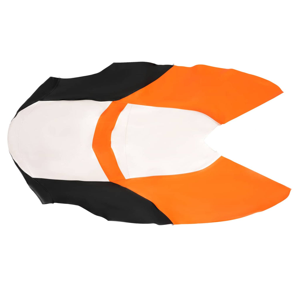 Jet ski seat cover top view, white and orange with black trim and contoured sides