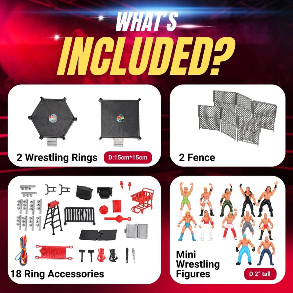 Wrestling miniature toy set contents with mini ring, fence panels, and accessories