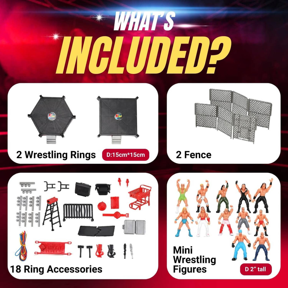 Wrestling miniature toy set contents with mini ring, fence panels, and accessories