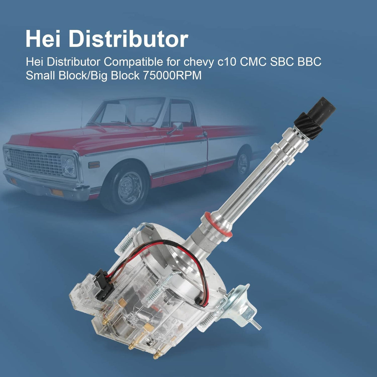 HEI distributor assembly with clear housing, chrome shaft, and black ignition boot