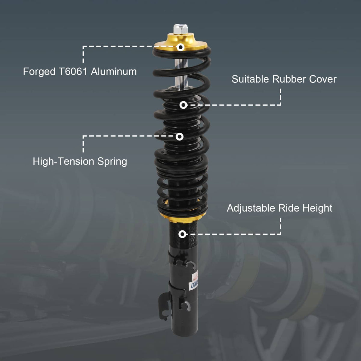 Single coilover shock absorber with black coil spring, gold top cap, and adjustable ride height