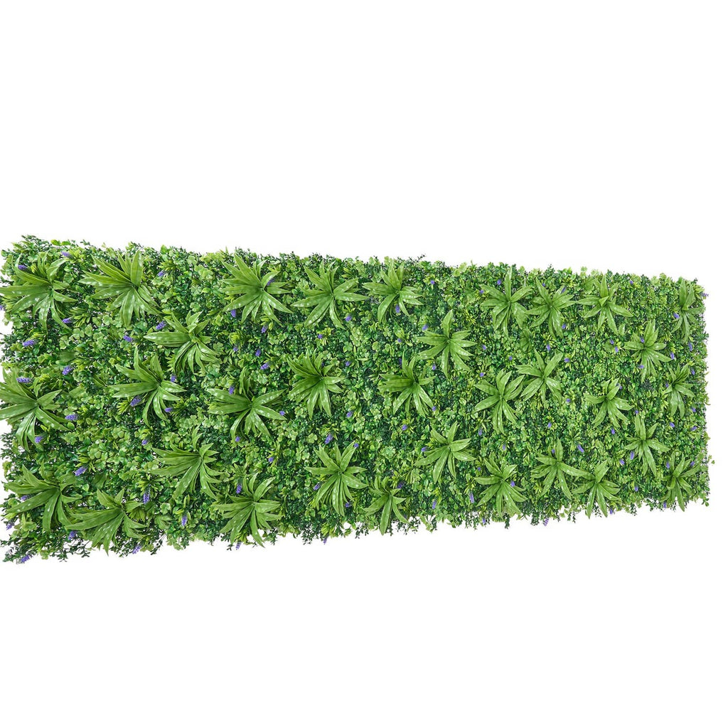 Artificial boxwood greenery wall panel, close view of dense green 3D leaves.