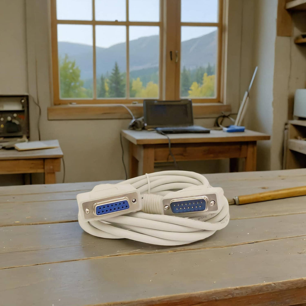 DB15 15-pin serial extension cable with two DB-15 connectors on light gray cord