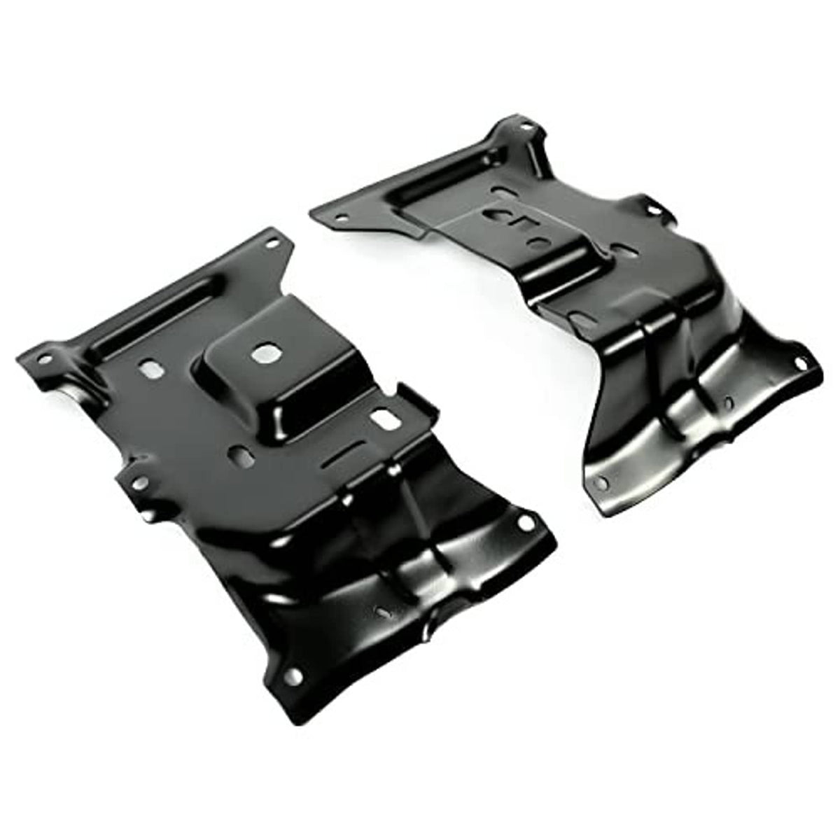 Front bumper bracket pair, black steel mounting supports with cutouts