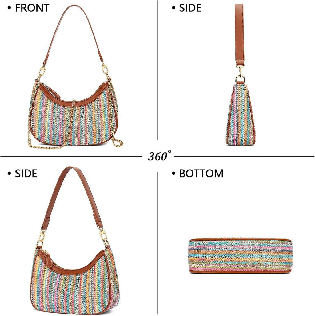 Multicolor hobo shoulder bag with brown trim, gold-tone rings, and rounded bucket shape.