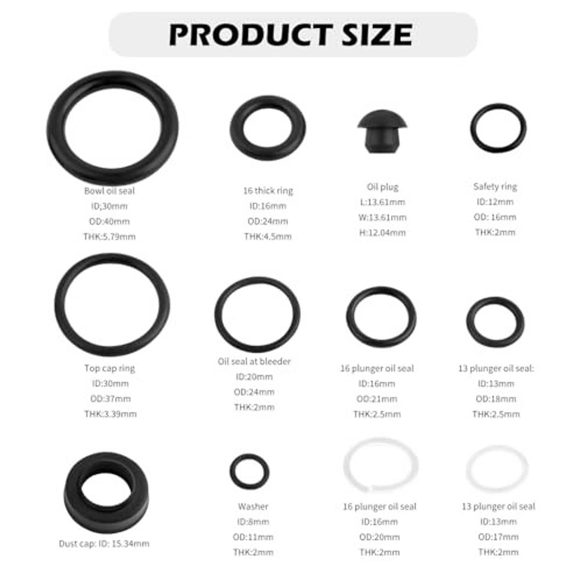 Replacement seal kit with various rubber rings, oil seal pieces, and plunger seals by size