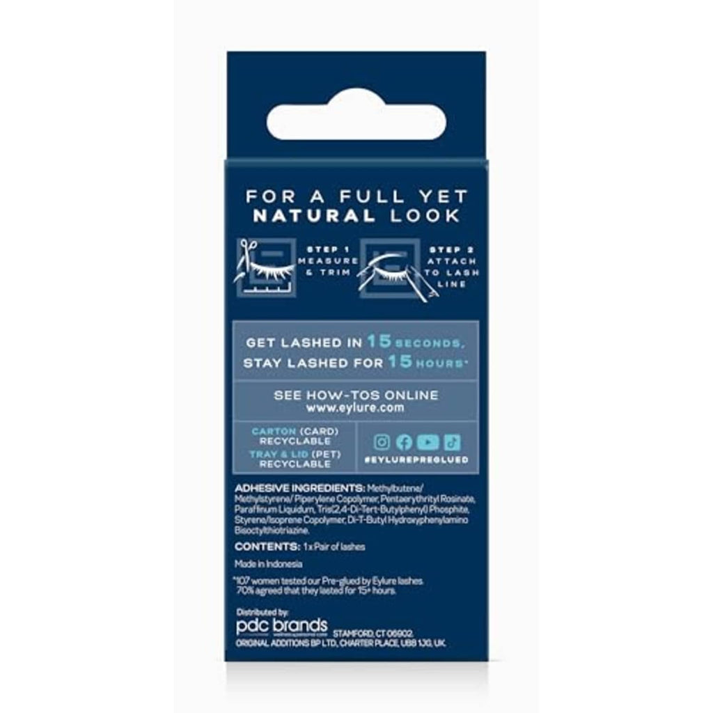 Eylure false eyelashes box back with usage steps and contents: 1 pair