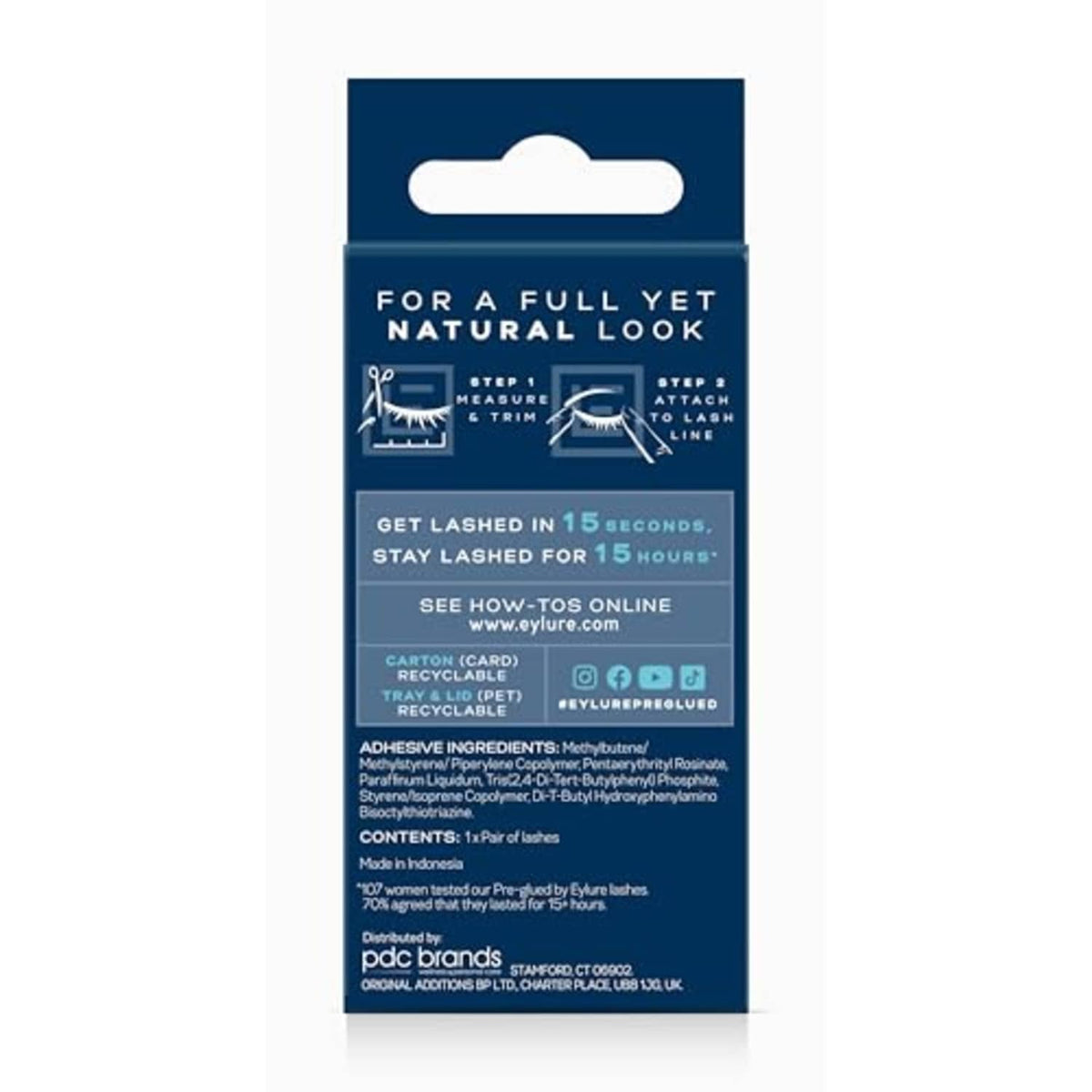 Eylure false eyelashes box back with usage steps and contents: 1 pair