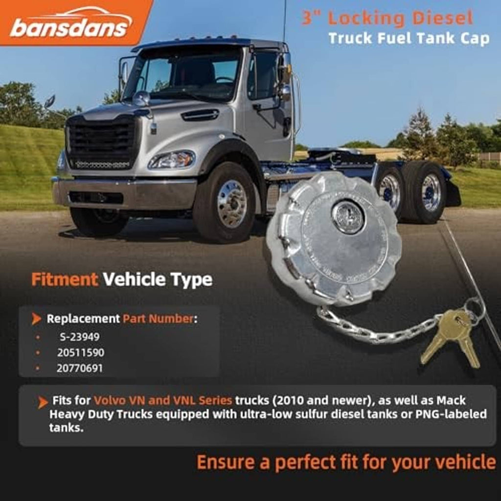 Locking diesel fuel tank cap with chain and key, silver aluminum cap