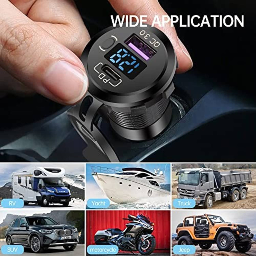 Dual USB car charger with LED voltmeter, close-up near in-car power socket