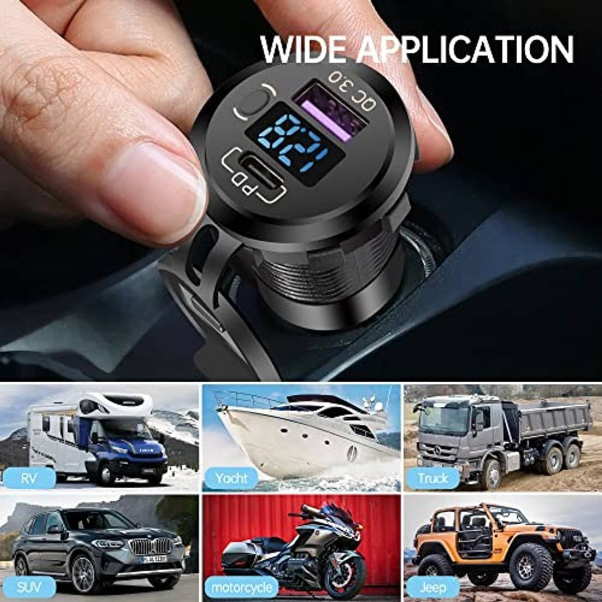Dual USB car charger with LED voltmeter, close-up near in-car power socket