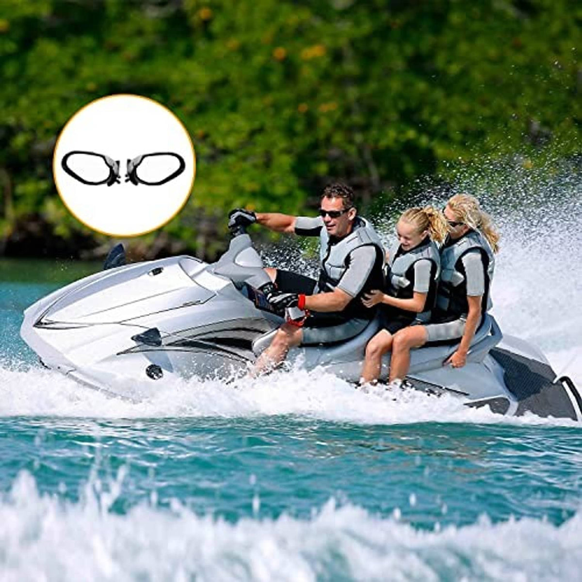 Black side mirrors mounted on a white personal watercraft, with clear reflectors