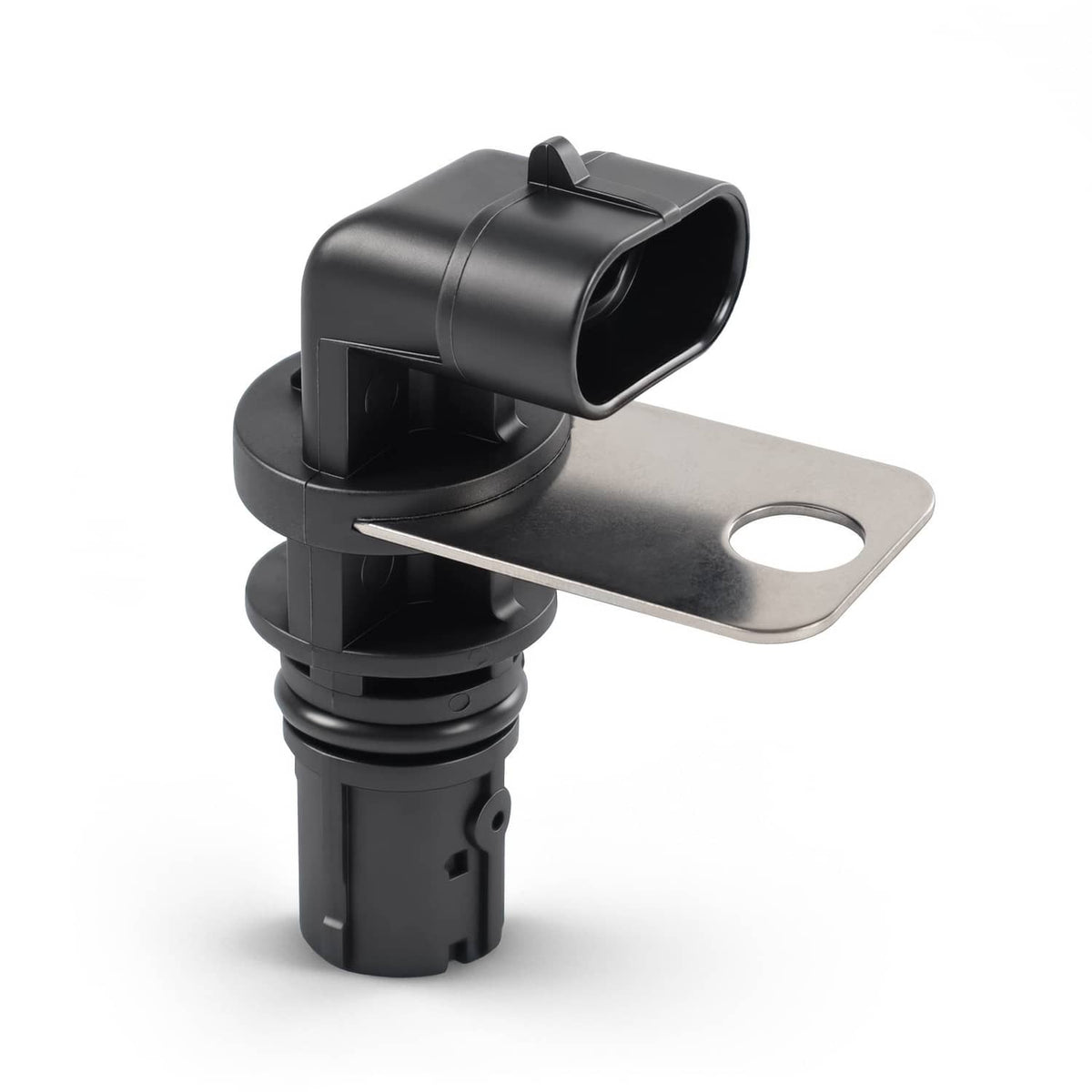 Crankshaft position sensor angled view with metal mounting plate and black connector