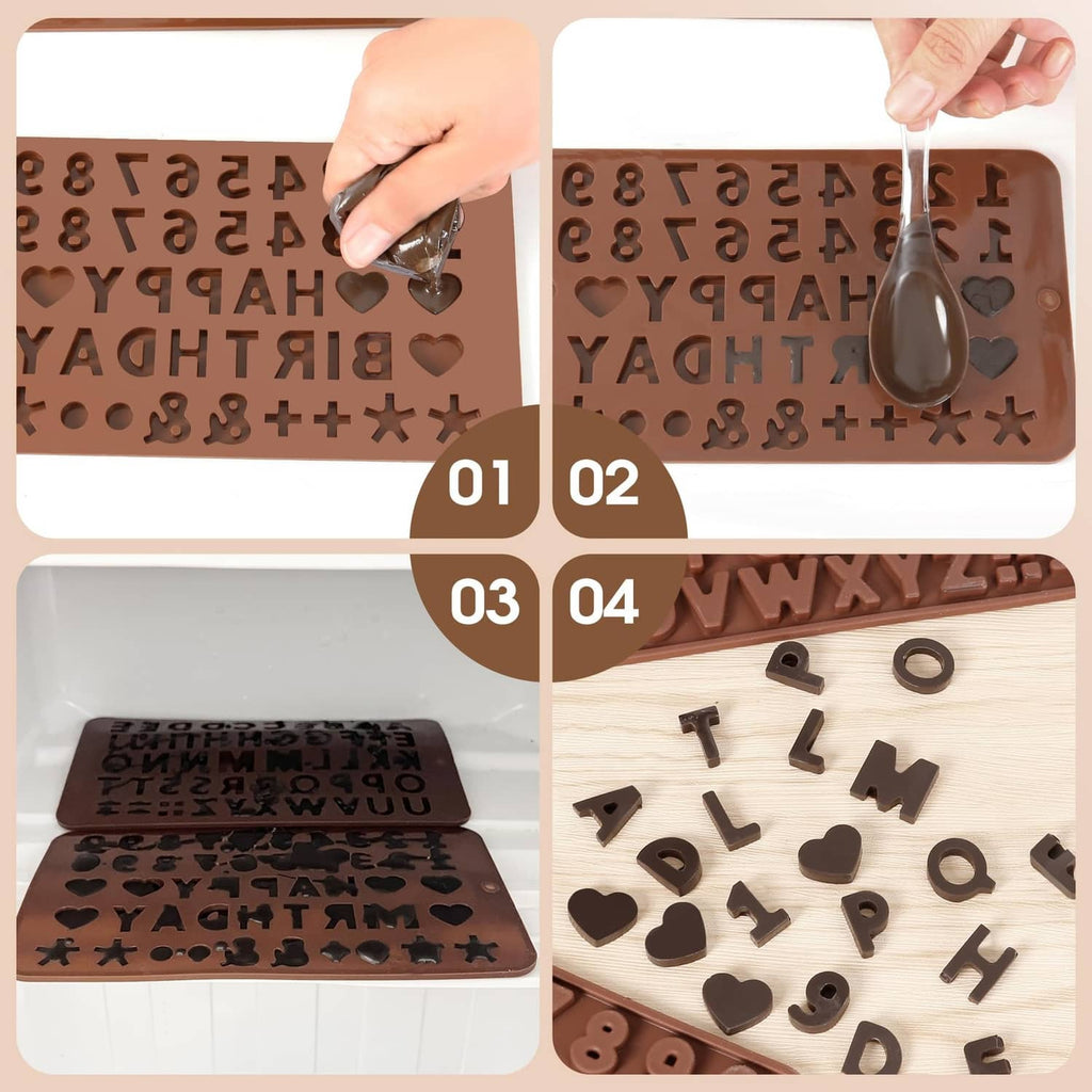 Silicone letter and number mold with poured chocolate and removable cavity sections