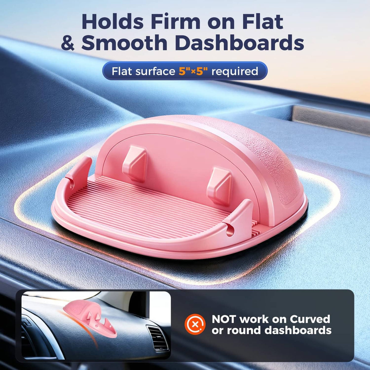 Pink car phone mount pad with ridged top and suction for flat dashboard surfaces