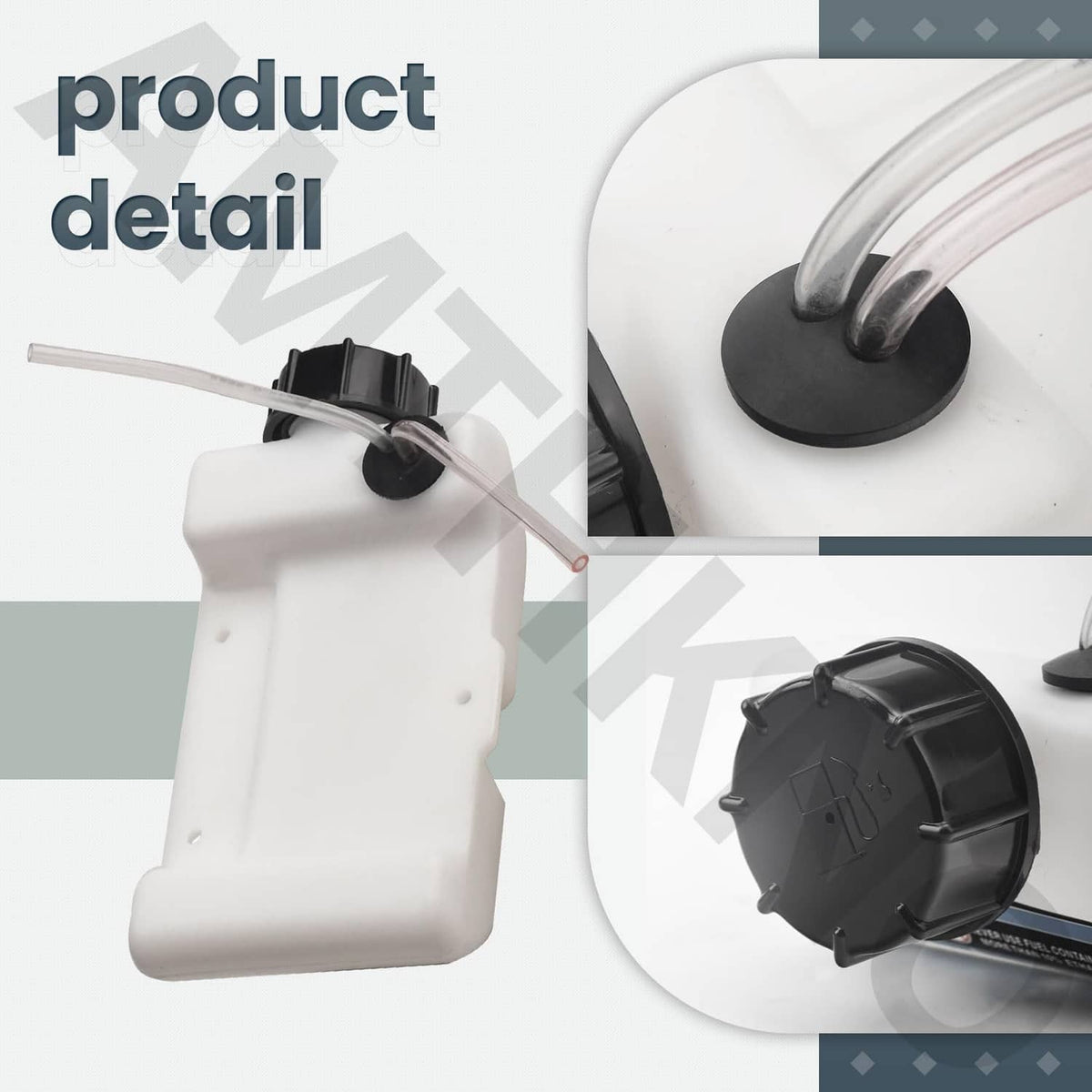 White fuel tank assembly close-up with black cap and attached fuel line