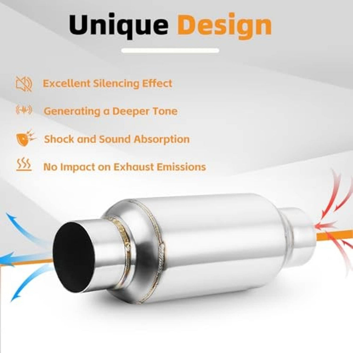 Polished stainless exhaust resonator muffler with 2.5-inch end openings and silencer housing.