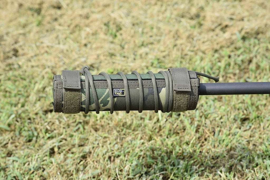 Horizontal view of 6-inch Multicam suppressor cover with segmented padding and wrap straps