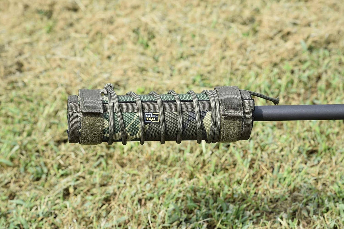Horizontal view of 6-inch Multicam suppressor cover with segmented padding and wrap straps