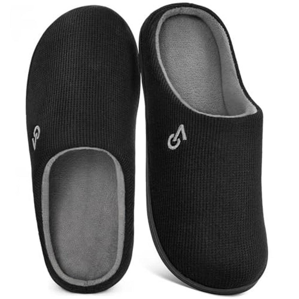Two-tone men’s house slippers, side view of black knit upper with gray padded interior