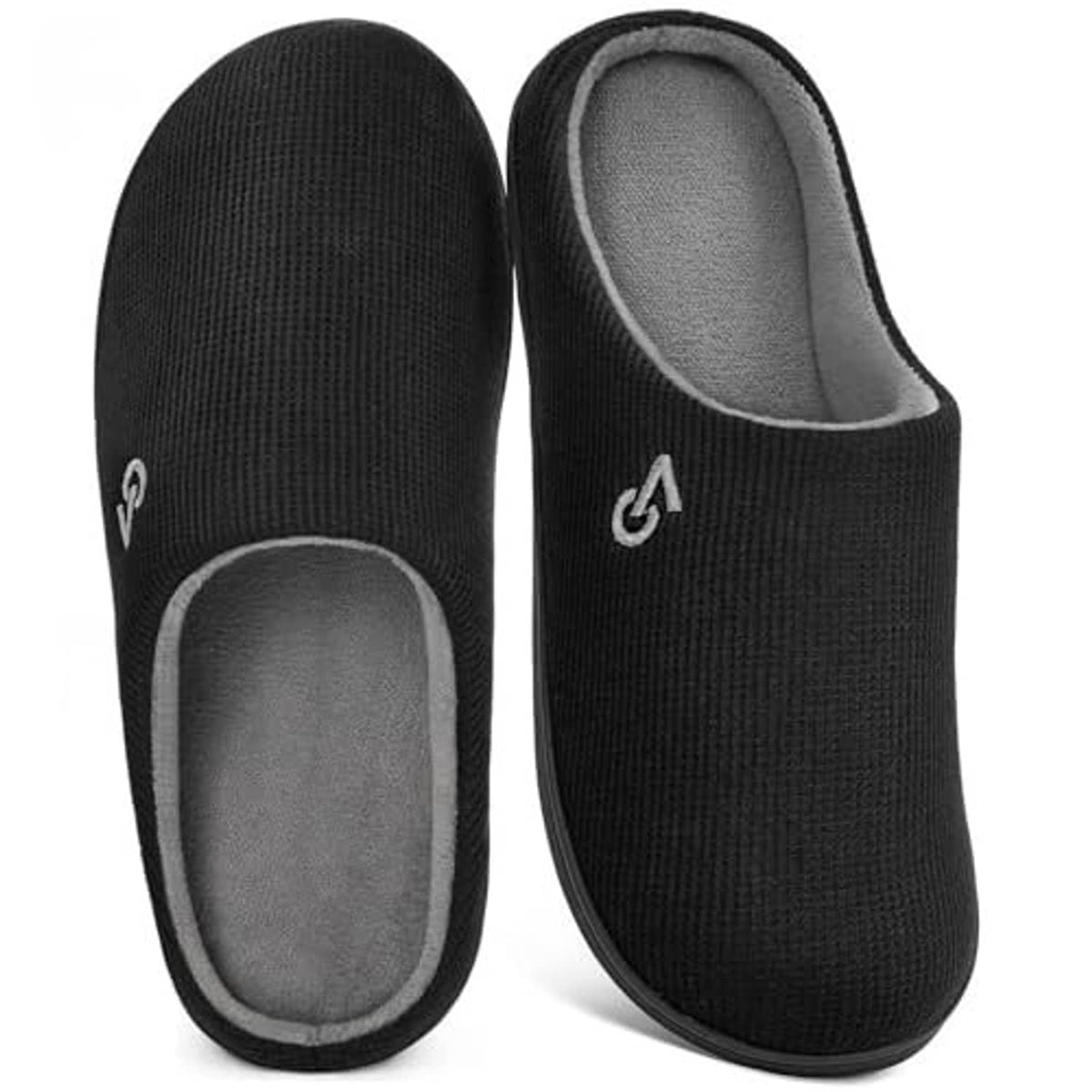 Two-tone men’s house slippers, side view of black knit upper with gray padded interior