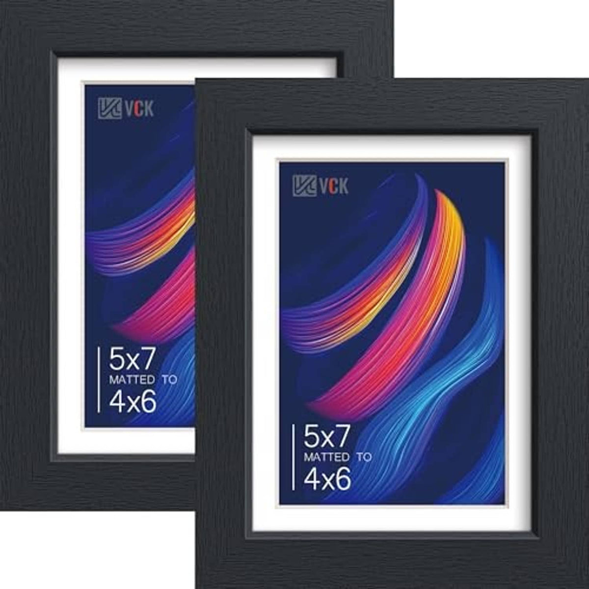 Two black wood 5x7 picture frames with white mat and glass front