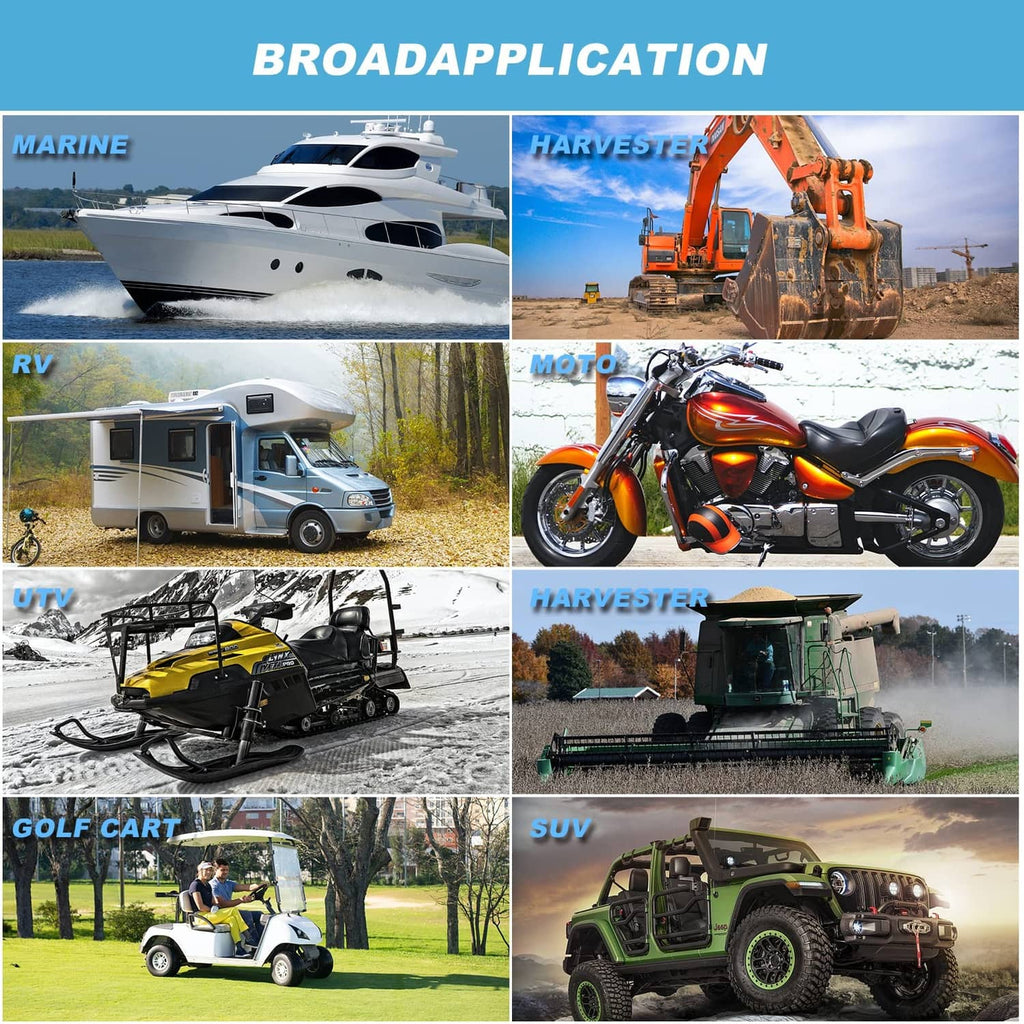 Broad application chart showing marine, RV, UTV, golf cart, and SUV uses