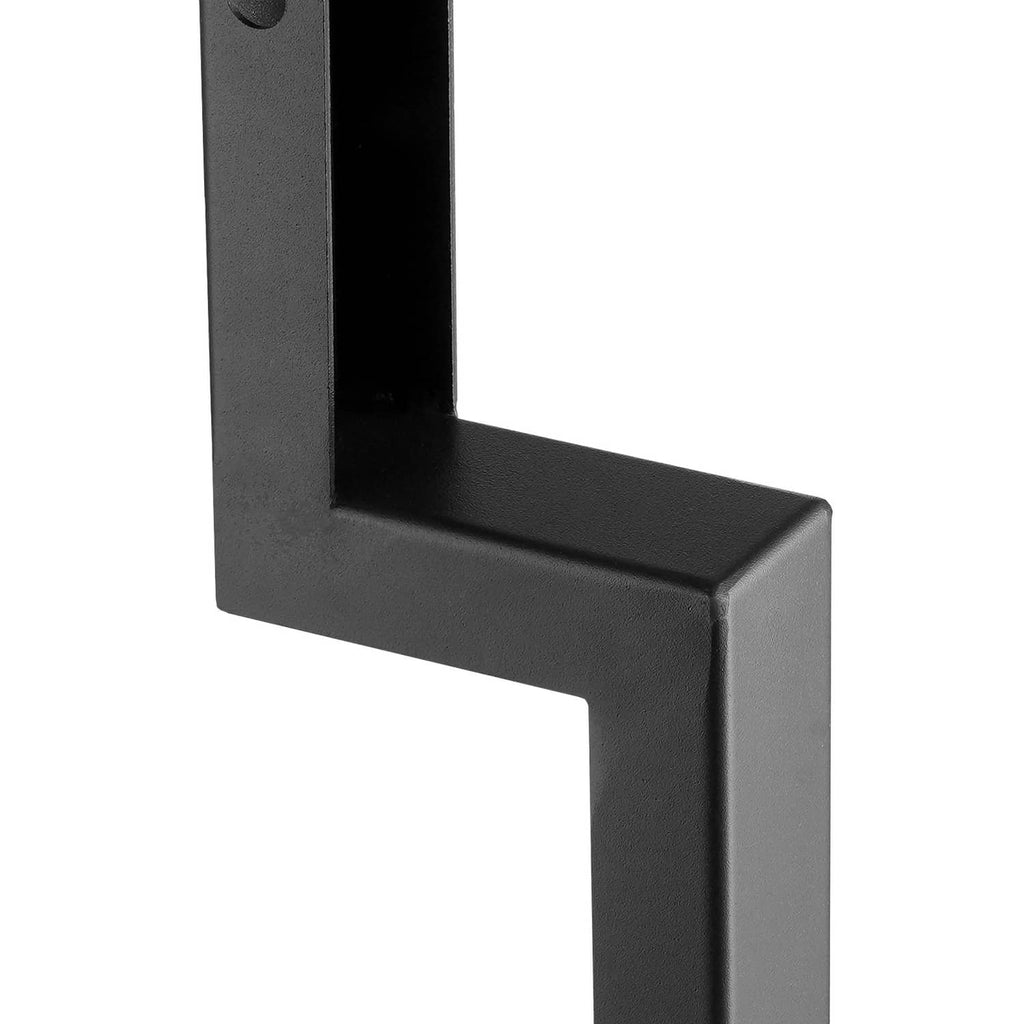 Close-up of black steel U-shaped fence post anchor with mounting plate and holes