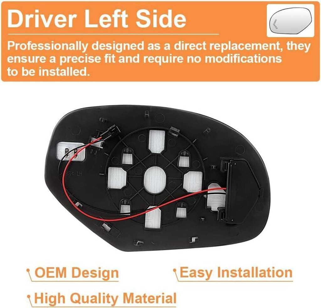 Left driver-side heated mirror glass with backing plate and wiring harness