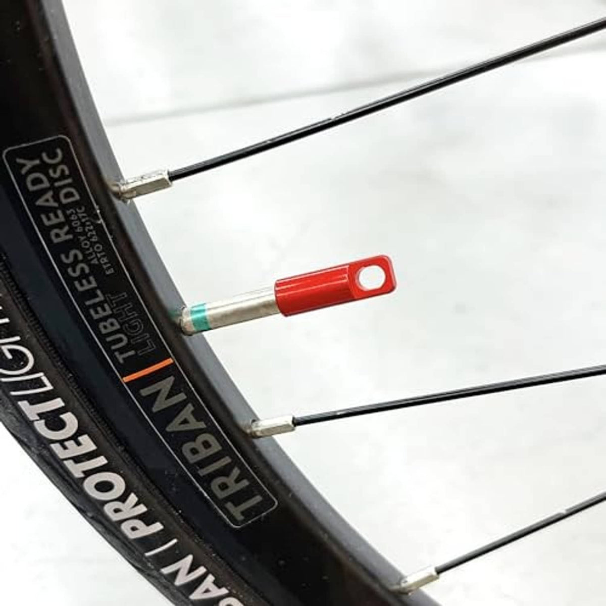 Red valve cap covering a Presta valve tip on a bike rim