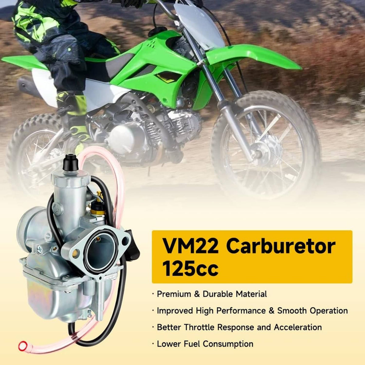 VM22 26mm carburetor mounted on engine with red foam air filter