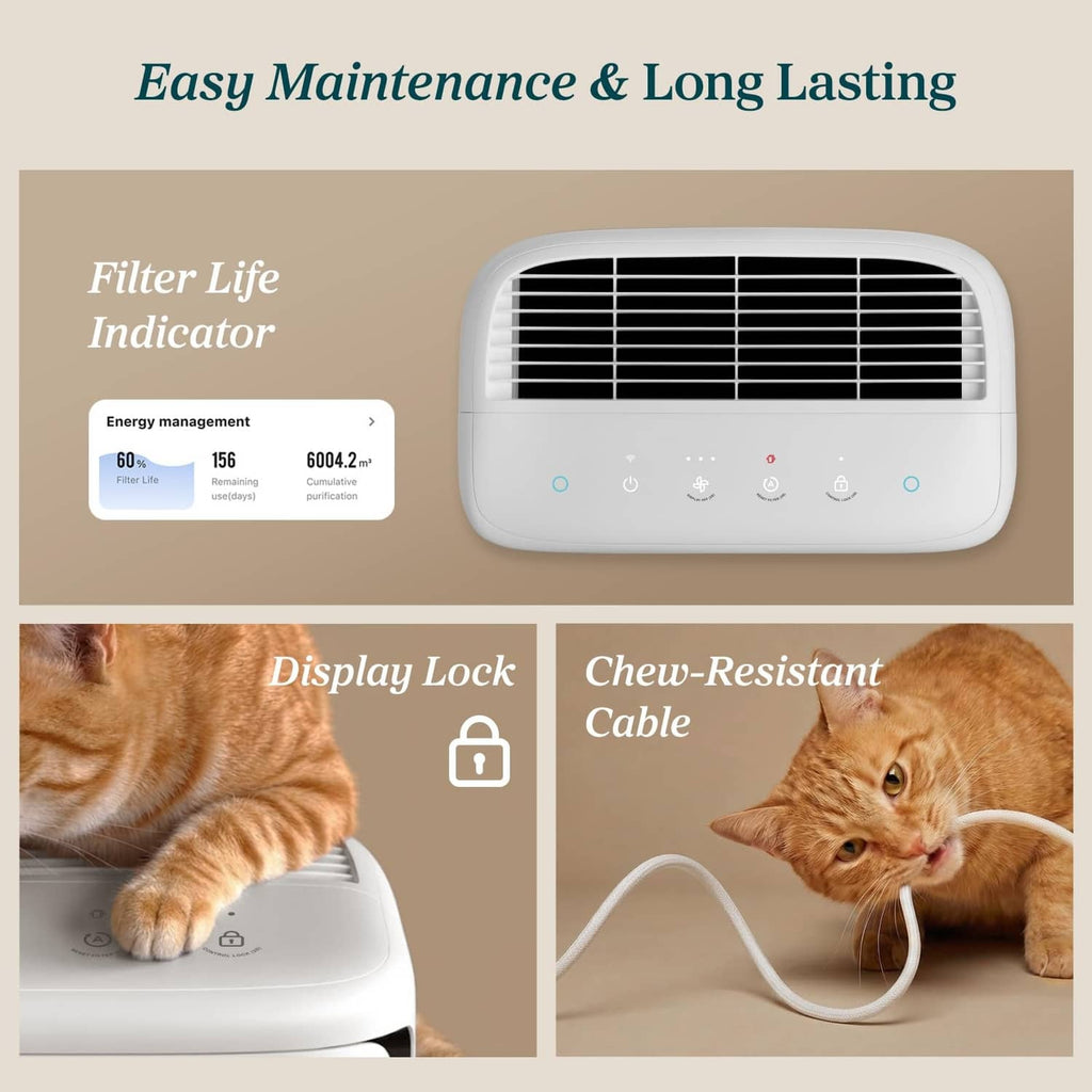 White LEVOIT air purifier with top air intake grille and filter life indicator lights.