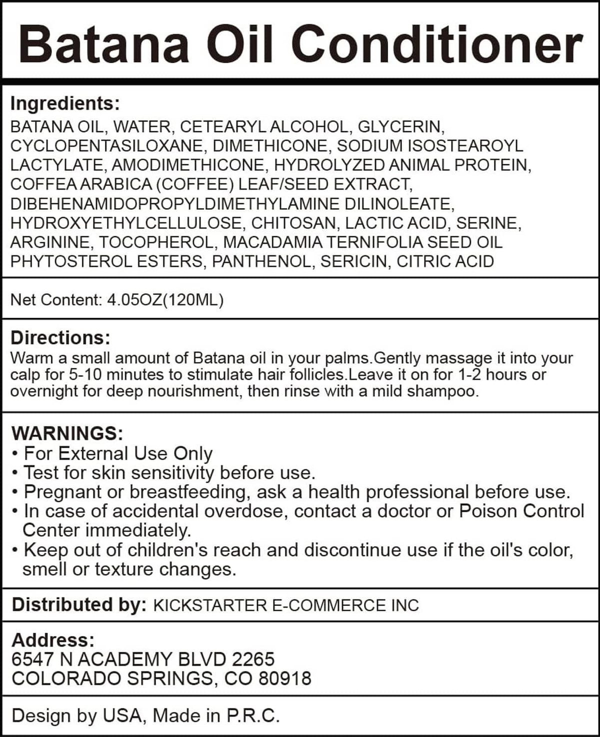 Batana Oil Conditioner label panel showing ingredients and directions