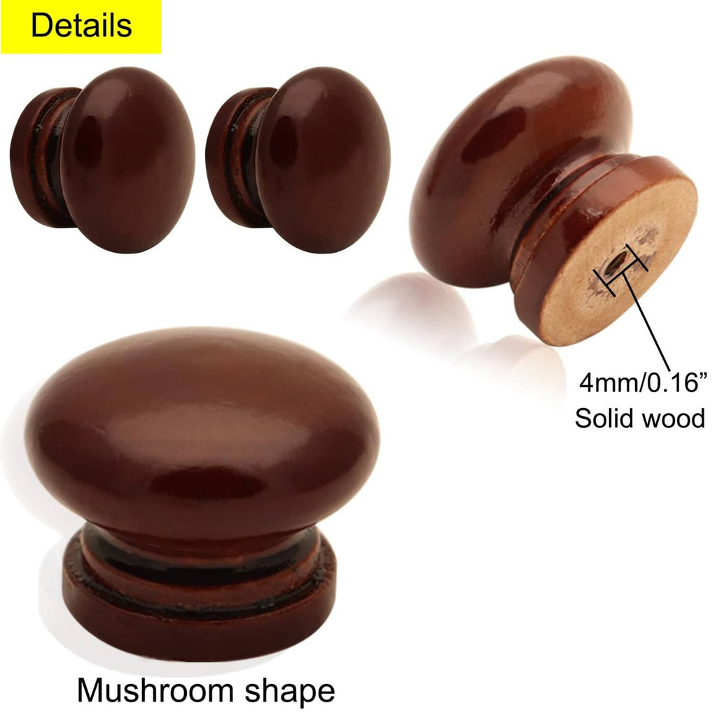 Brown mushroom-shaped wood dresser knob with round top and flat base; shows screw opening
