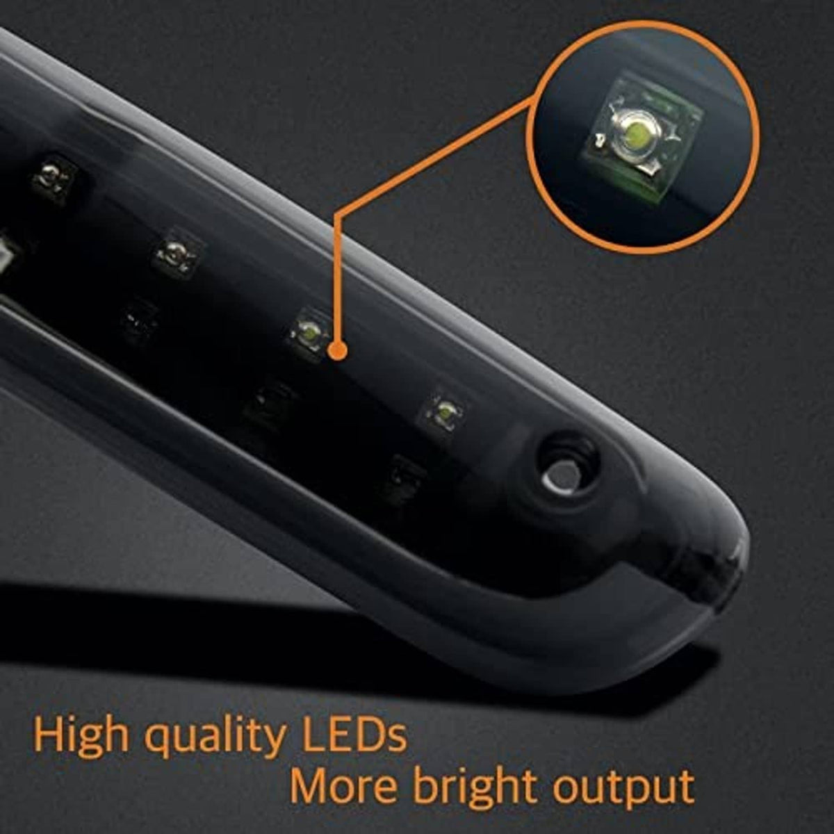 Black LED high mount stop light with lens and mounting screws on end cap