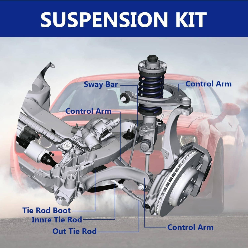 Suspension kit diagram showing control arm, sway bar, and tie-rod components