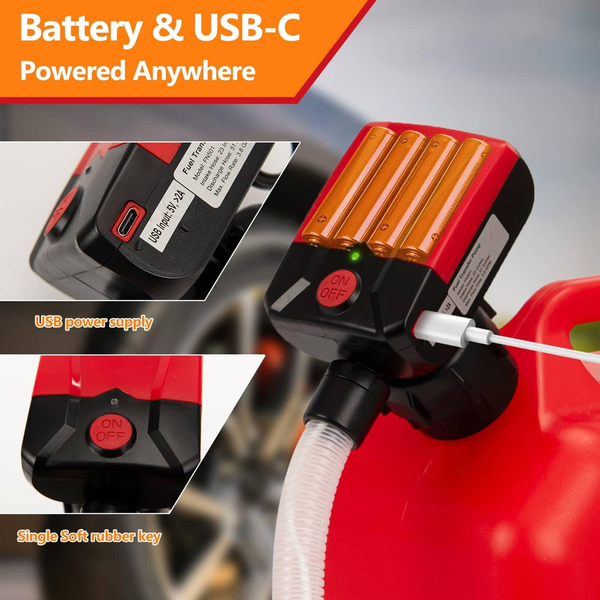 Portable fuel transfer pump with red housing, black switch, and USB-C power cable