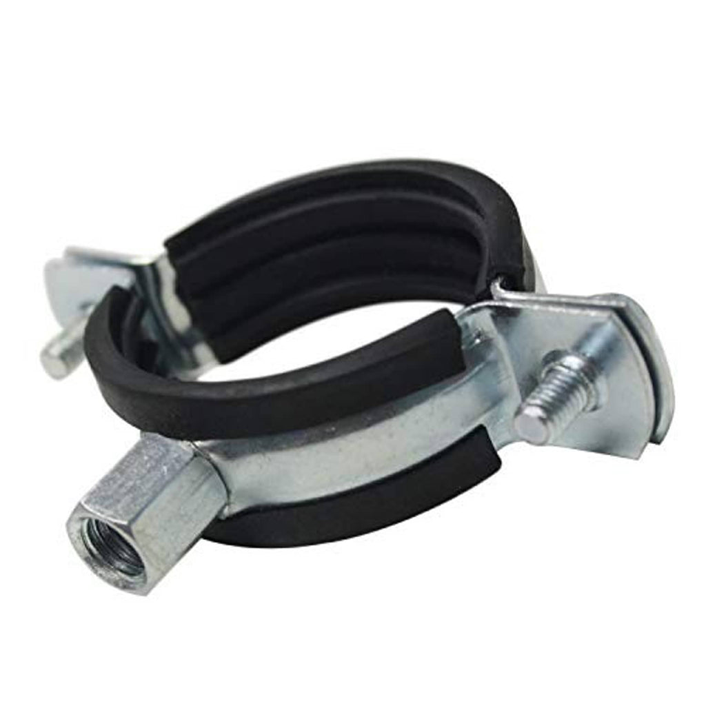Side view of adjustable split ring pipe bracket with black rubber liner and metal threaded stud