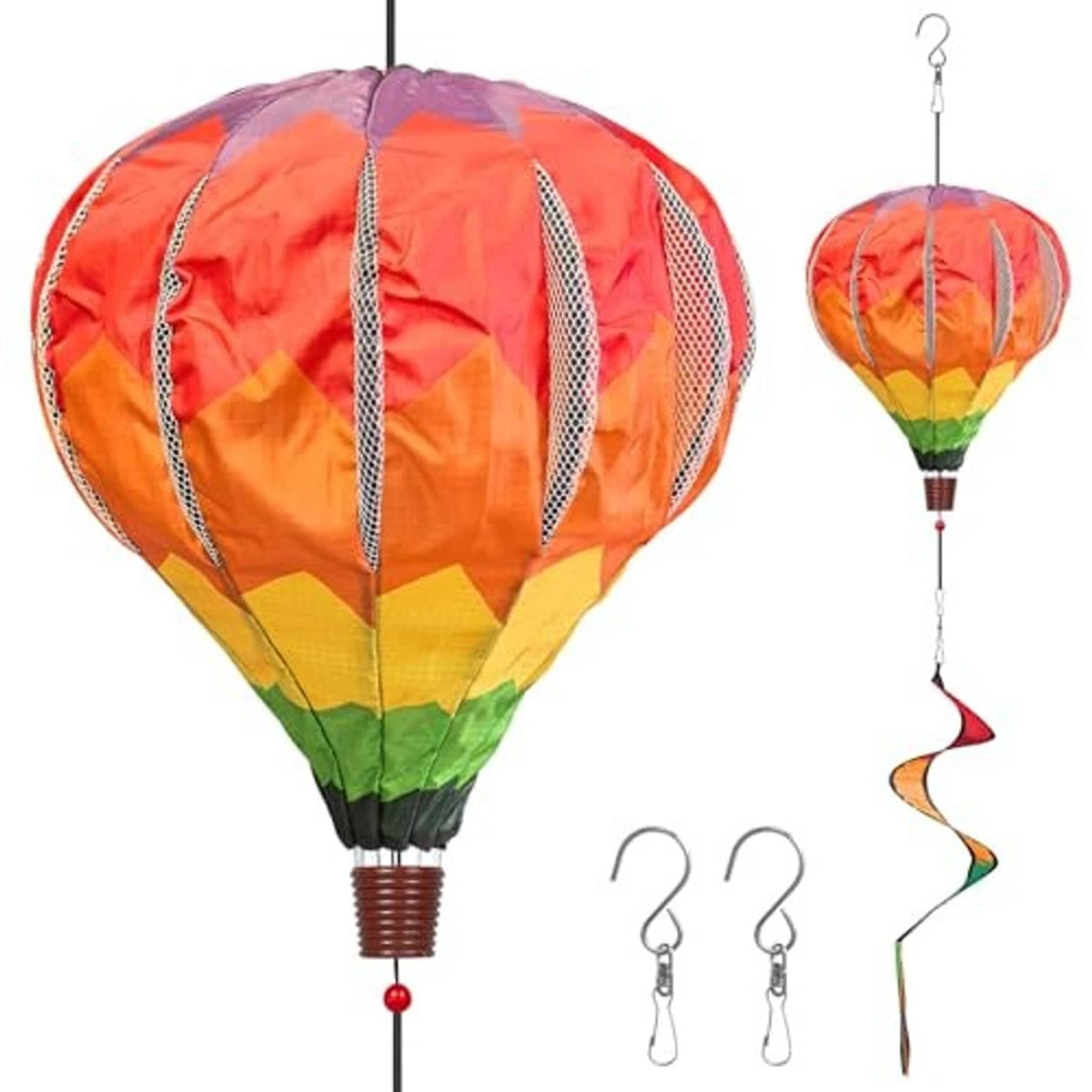 Giant rainbow hot air balloon wind spinner with swirled ribbon tails and metal hooks