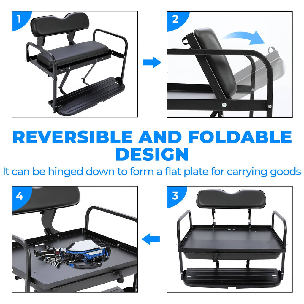 Black reversible foldable rear seat kit with contoured backrest and hinged base
