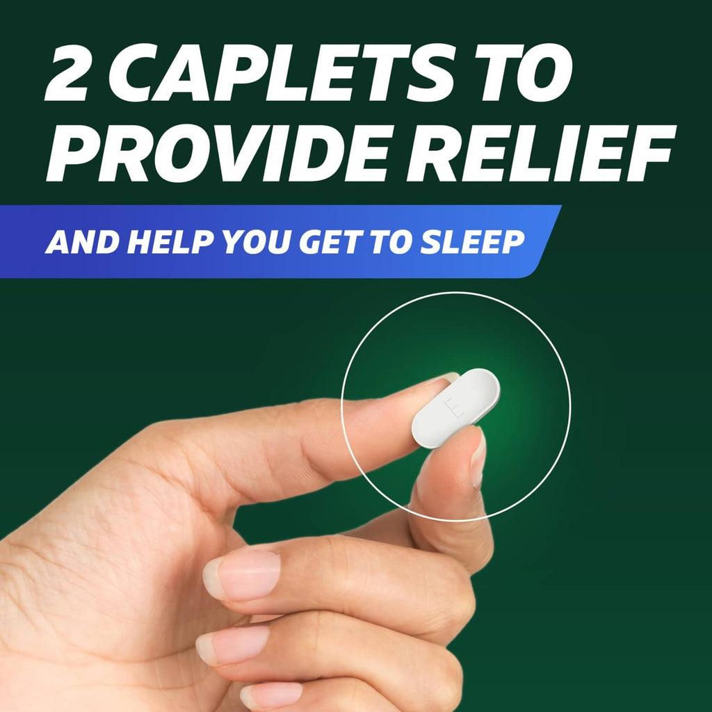 White caplet held between fingers with bubble callout for nighttime relief