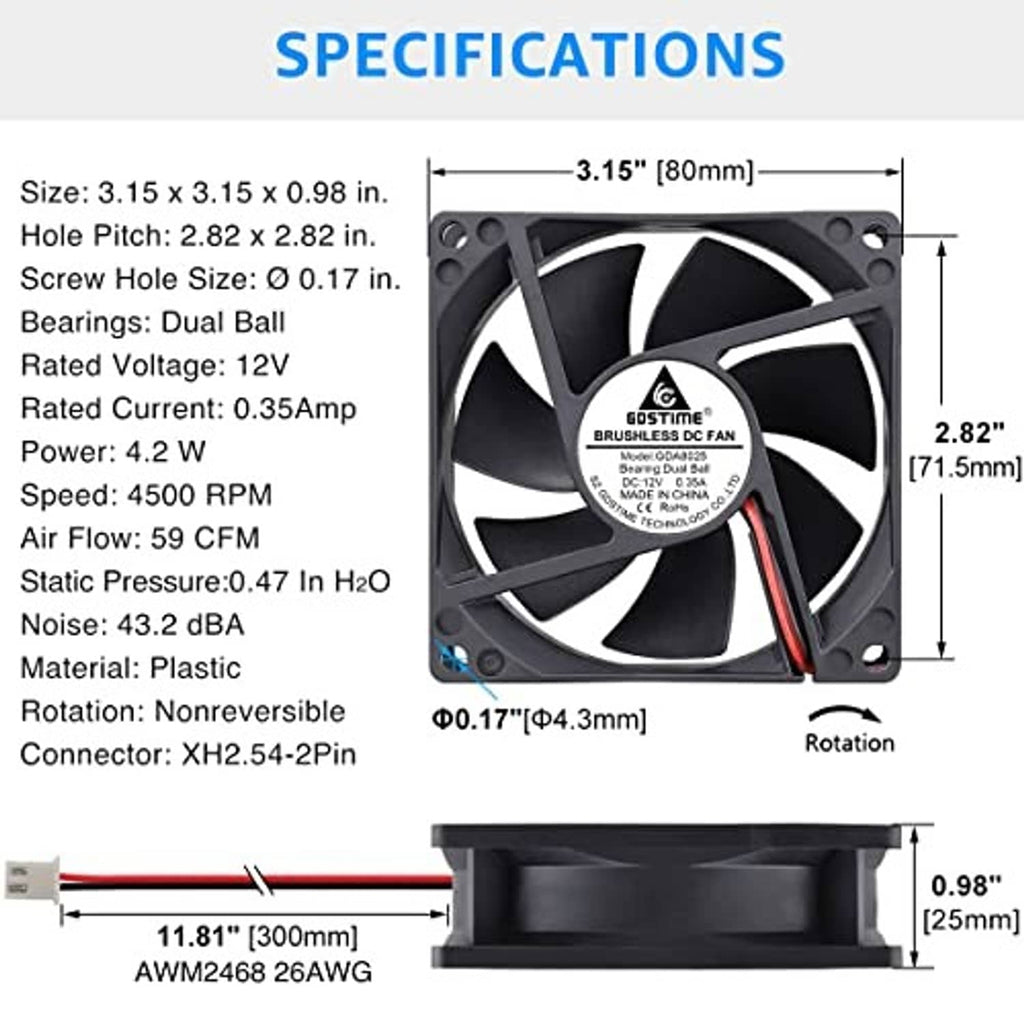 80mm DC dual ball bearing cooling fan with red/black leads and measurement layout