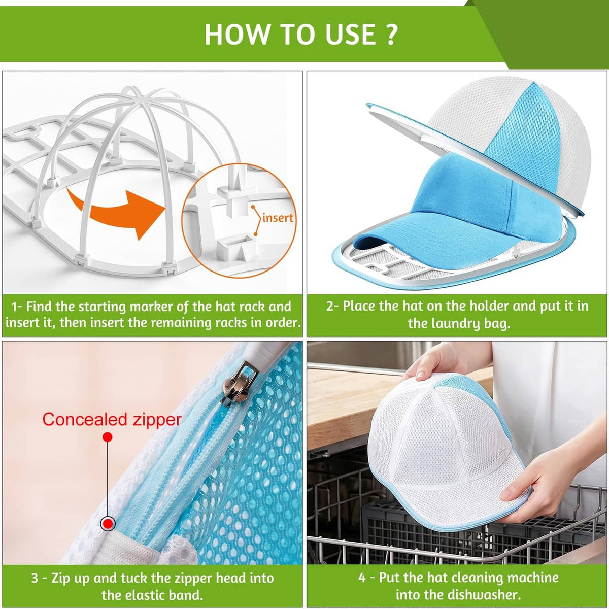White and blue cap wash bag with concealed zipper, being placed in the holder