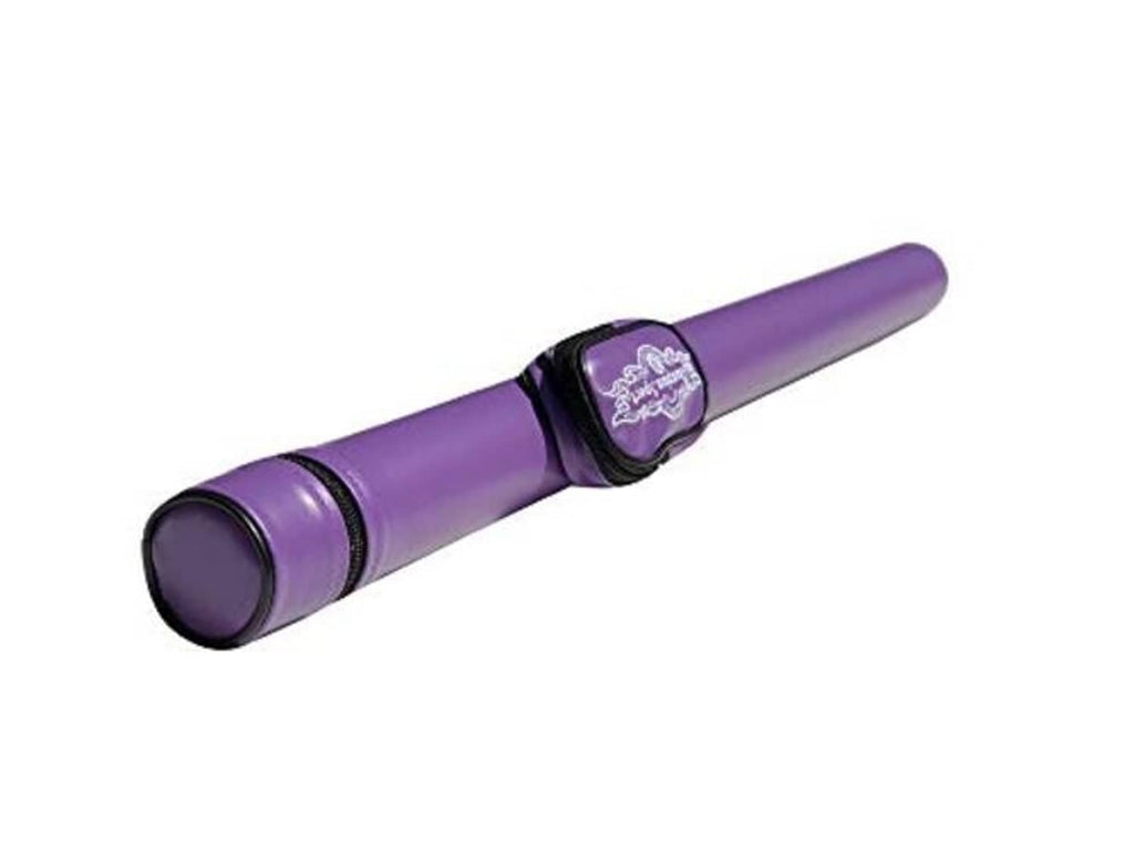 Purple pool cue case with black end cap and centered logo patch