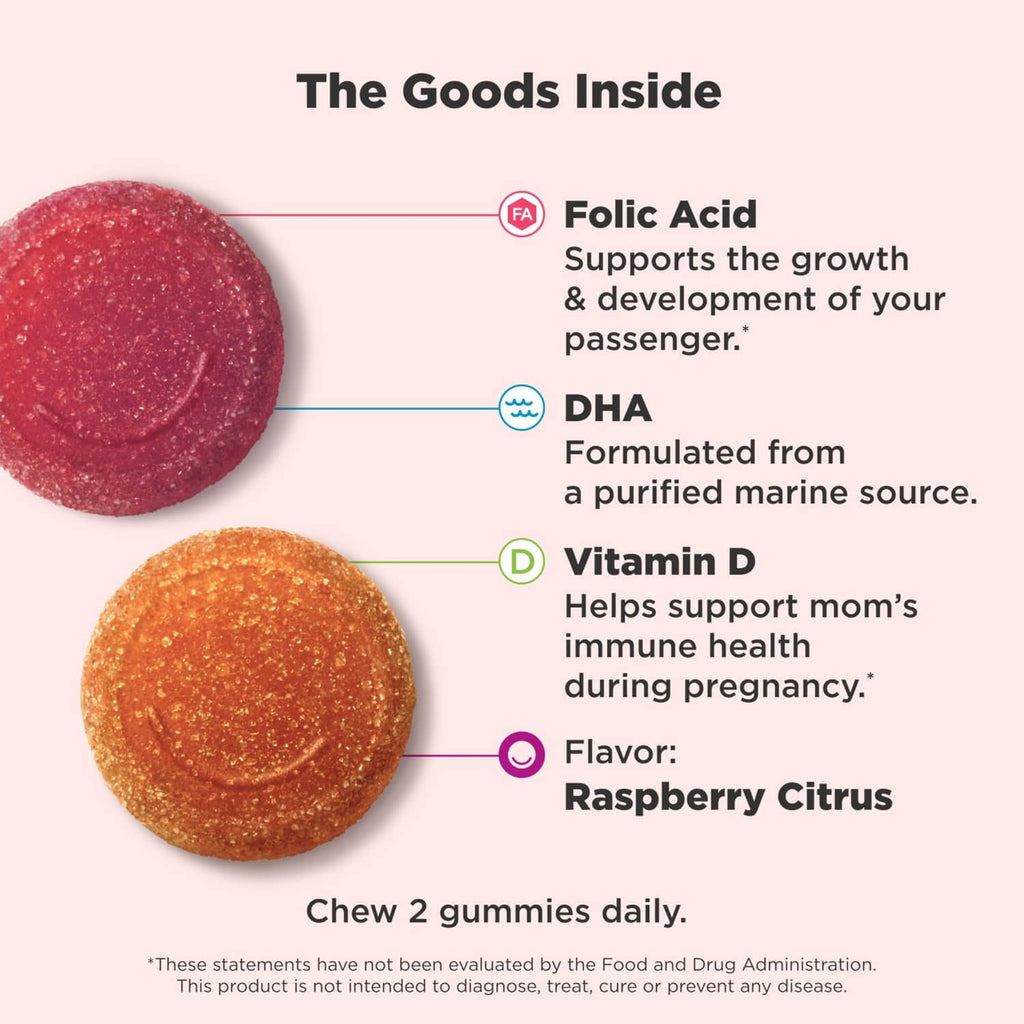 “The Goods Inside” card with Folic Acid, DHA, Vitamin D, and raspberry citrus flavor