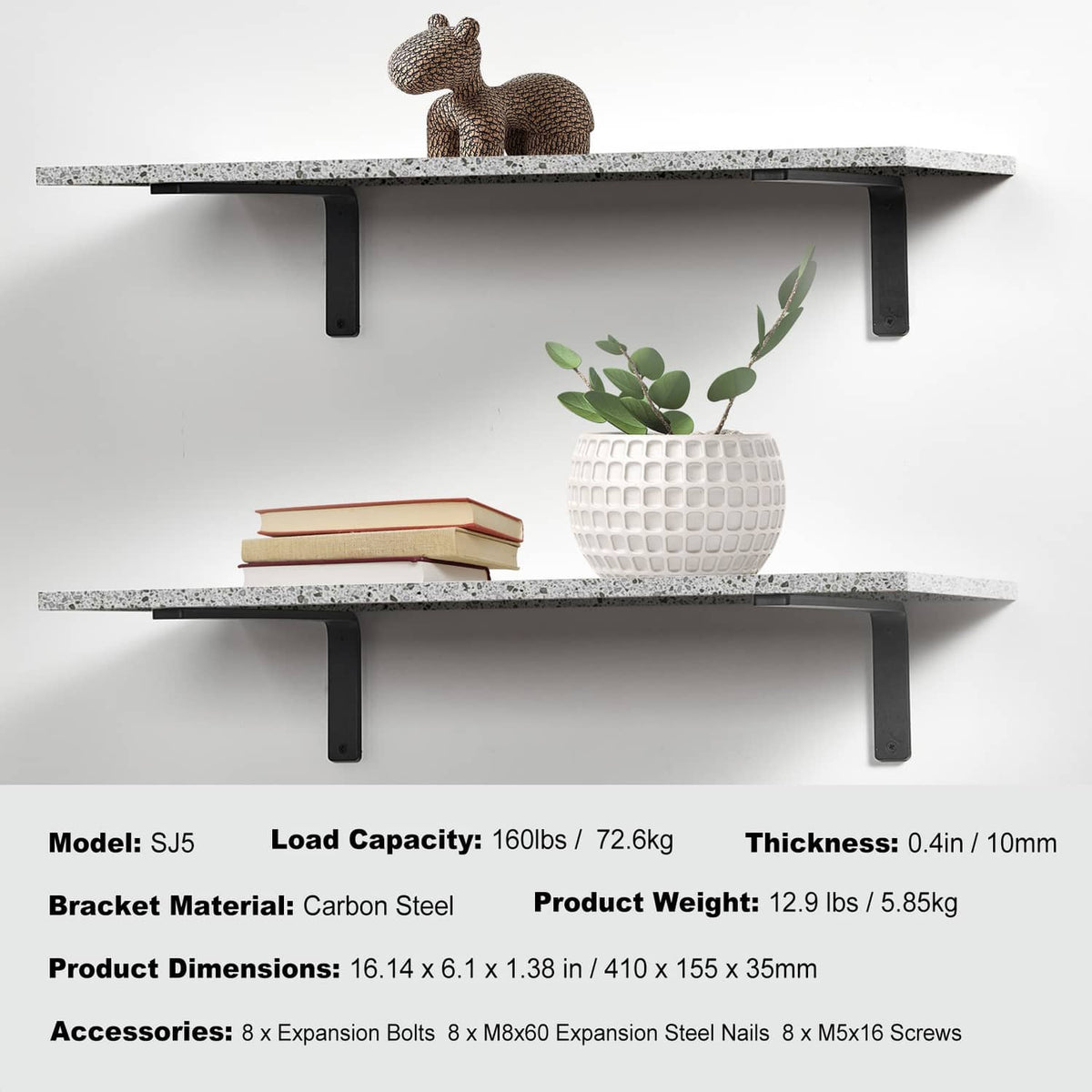 Two black floating shelf brackets holding shelves for books and decor items