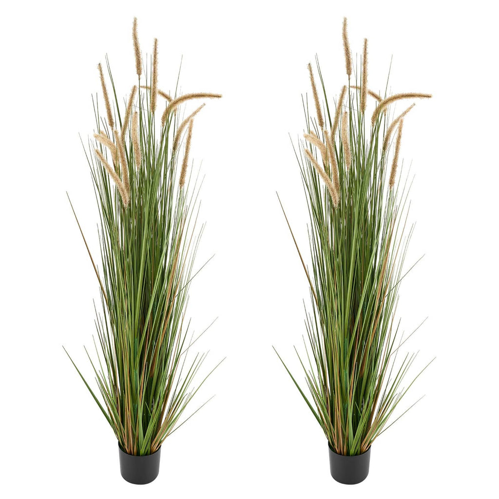Artificial horsetail reed grass set of 2 in black pots, green blades with tan heads