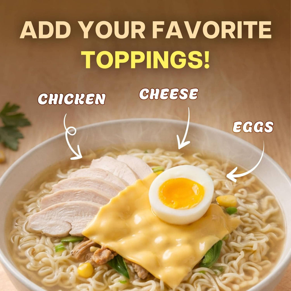 Bowl of ramen with sliced chicken, sunny-side-up egg, and cheese drizzle