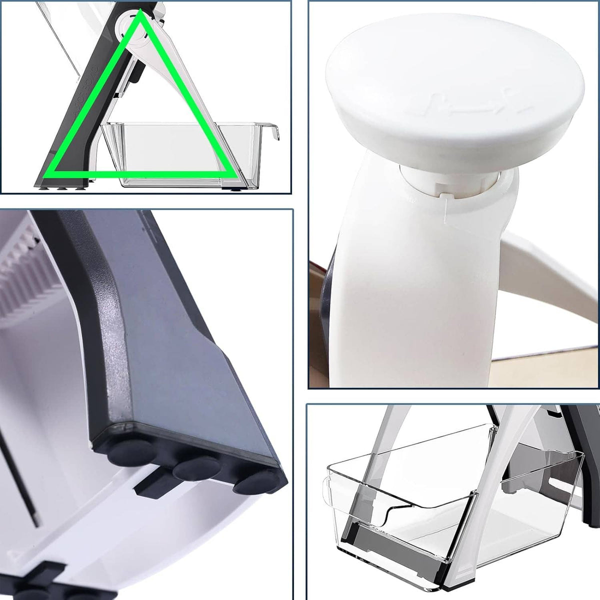 Mandoline slicer with fold-down stand and base view showing stable feet