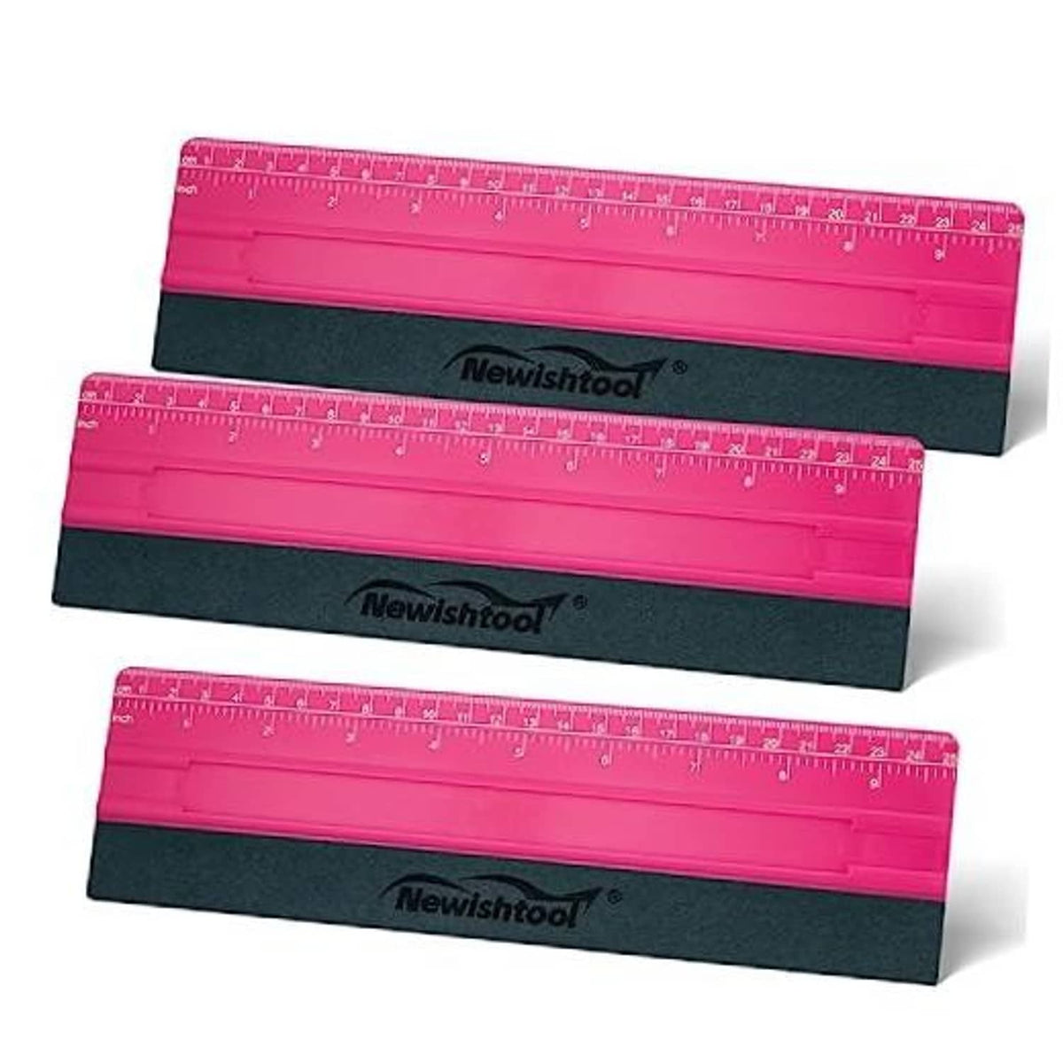 Rose pink vinyl wrap squeegee with dark rubber edge and measuring scale, 25cm